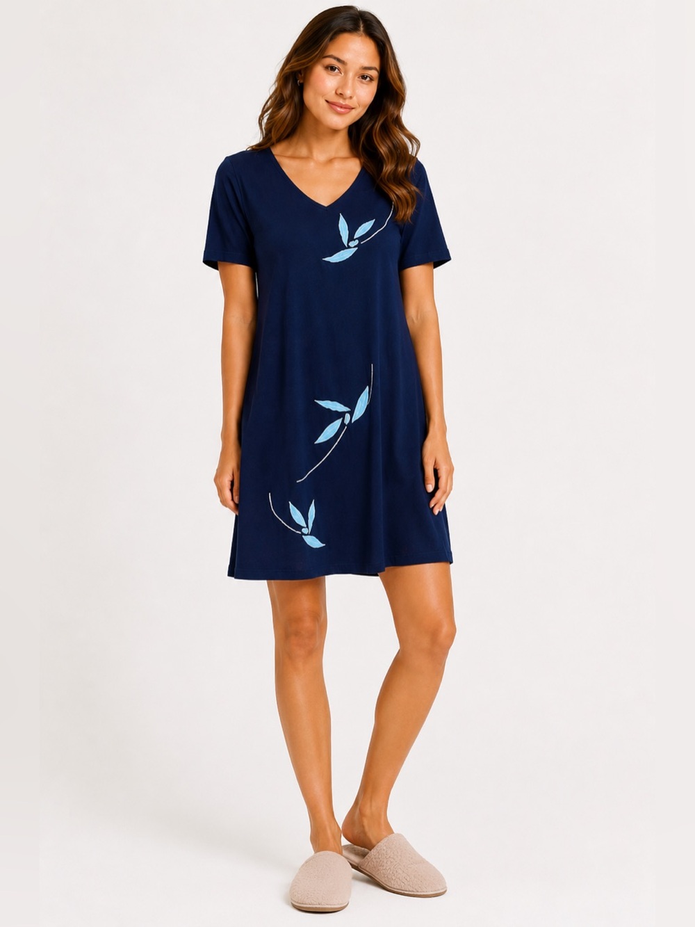 Natori Midnight Blue Nightdress Leaf Accent Short Sleeve Sleep Dress Medium